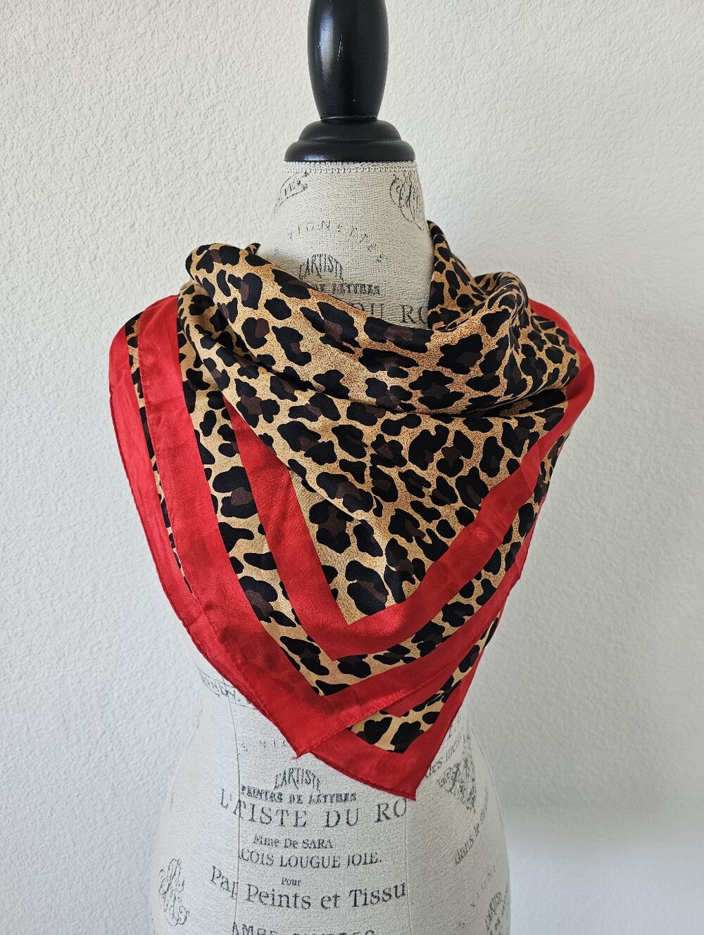 Vintage Leopard Print & Red Border Square Silk Scarf (30" x 30")​
